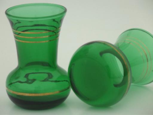 forest green glass violet vases,  1950s vintage Anchor Hocking glassware