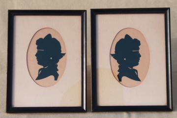 framed pair vintage papercuts silhouettes, 1930s or 40s girl in glasses