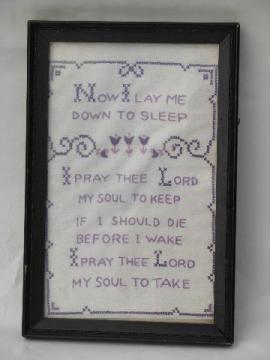 framed vintage cross-stitch embroidered sampler, Child's Prayer