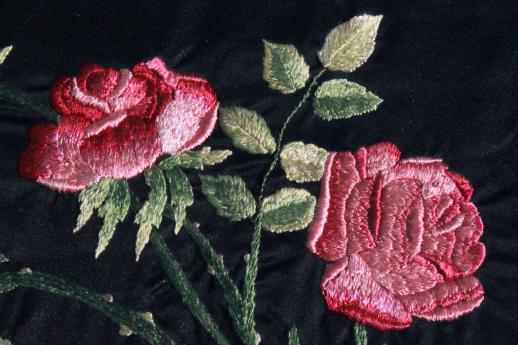 framed vintage embroidery, silk satin stitch embroidered roses on black