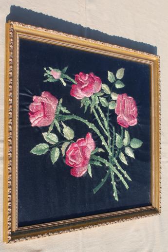 framed vintage embroidery, silk satin stitch embroidered roses on black