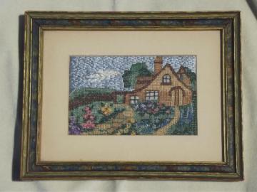 framed vintage needlework picture, cottage scene embroidery in silk thread?