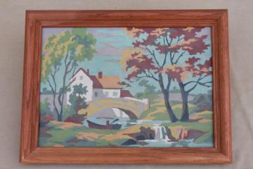 framed vintage paint by number picture, old mill pond scene with rowboat