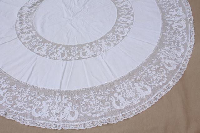 french chic round table cover cloth, vintage tablecloth w/ wide lace edging cherub angels