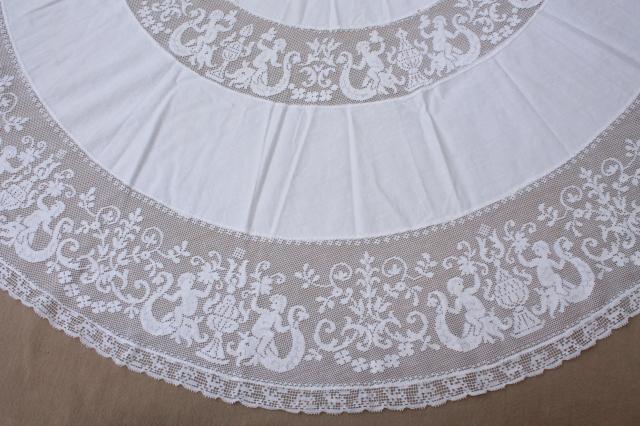 french chic round table cover cloth, vintage tablecloth w/ wide lace edging cherub angels
