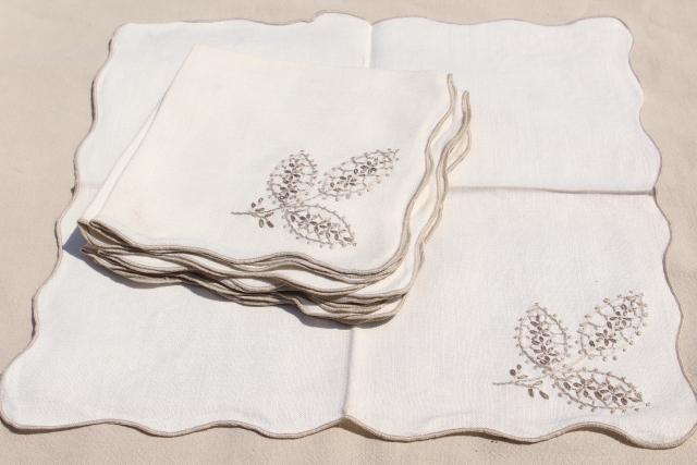 french country style embroidered pure linen napkins, unused vintage table linens