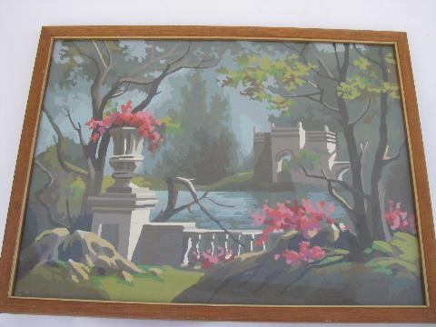 french garden ruins, flowers and statuary - vintage paint by number pictures