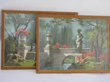 french garden ruins, flowers and statuary - vintage paint by number pictures