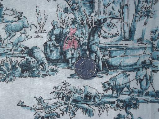 french toile print vintage decorator fabric, aqua blue and pink on white