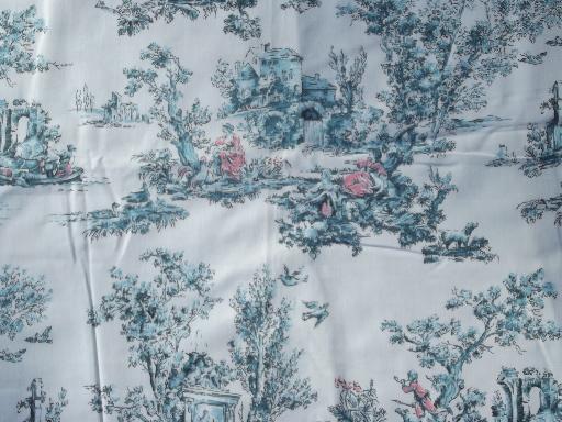 french toile print vintage decorator fabric, aqua blue and pink on white