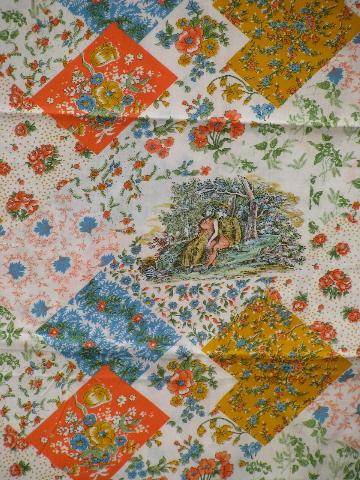 french toile scenes and patchwork blocks print 60s-70s vintage cotton fabric