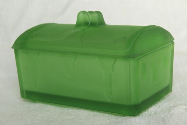 frosted green depression glass treasure chest, vintage pressed glass trinket box