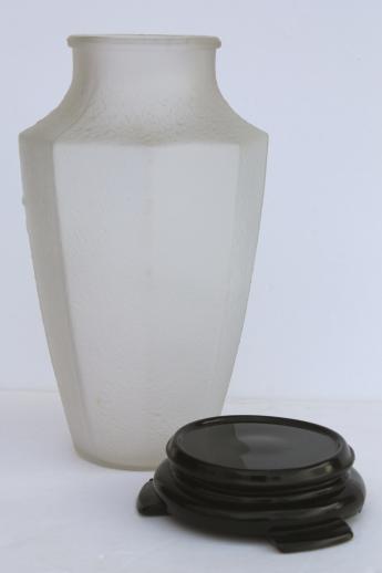 frosted poppies clear satin glass vase w/ ebony black glass stand - vintage Tiffin or Imperial?