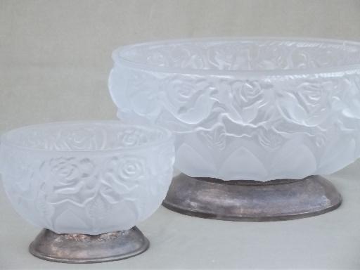 frosted satin glass rose bowls, silver plate footed bowl set vintage Italy
