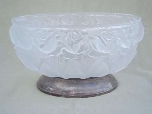 frosted satin glass rose bowls, silver plate footed bowl set vintage Italy