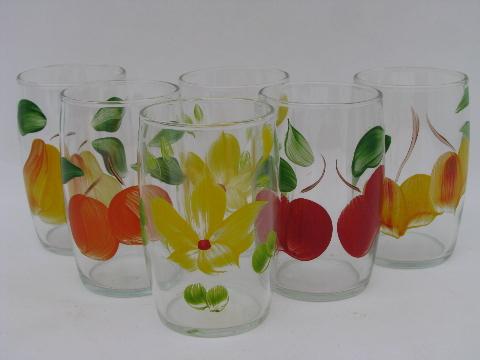 fruit & flowers 1950s vintage hand-painted glass tumblers, set of 6 glasses