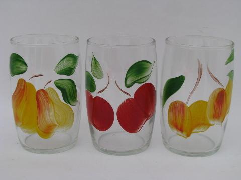 fruit & flowers 1950s vintage hand-painted glass tumblers, set of 6 glasses