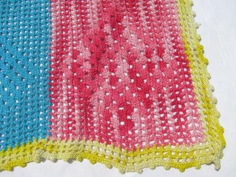 funky bright colored patchwork crochet cotton lace table runner, 1960s vintage