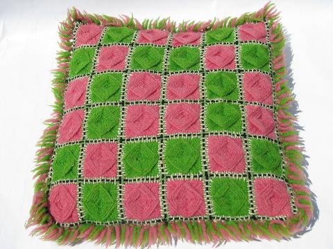 funky vintage flower power embroidered yarn throw pillows, bright colors