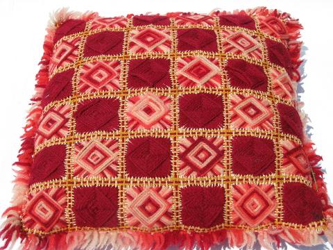 funky vintage flower power embroidered yarn throw pillows, bright colors