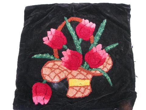 funky vintage pillow top covers, looped chenille embroidery on velvet