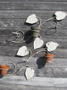 garden wall or fence hangers for flower pots, vintage brackets w/ metal leaves