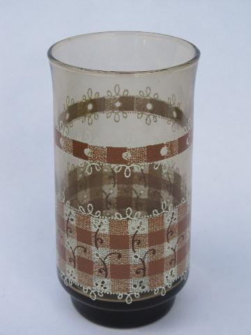 gingham & lace, vintage smoke brown checked eyelet print tea glasses