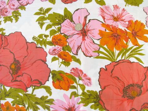glace sateen, 50s vintage glazed cotton fabric, large scale floral print in coral pink