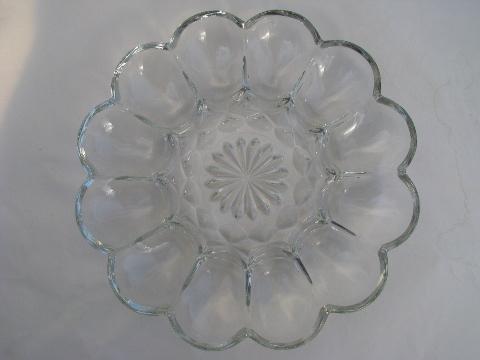 glass egg plate lot, pressed pattern glass divided plates for deviled eggs