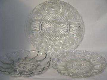 glass egg plate lot, pressed pattern glass divided plates for deviled eggs