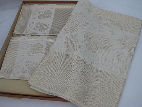 gold / ivory rayon roses 1940s vintage damask tablecloth & napkins set, mint in original box