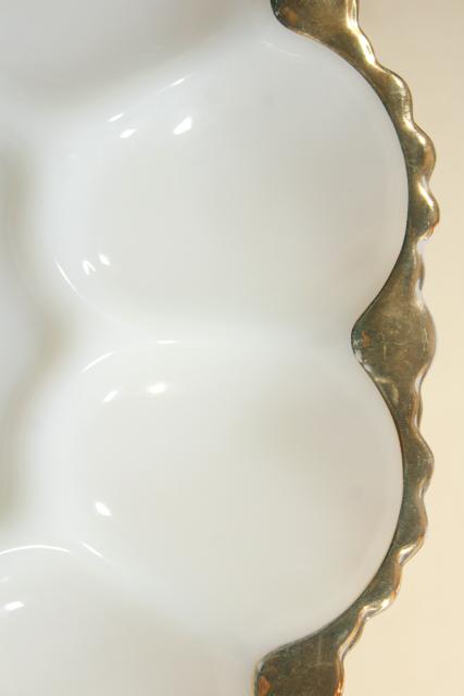 gold trimmed milk glass egg plate, serving tray for deviled eggs, vintage Anchor Hocking