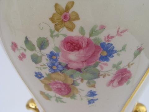 gold trimmed pink cabbage roses china table lamp, 1940s vintage