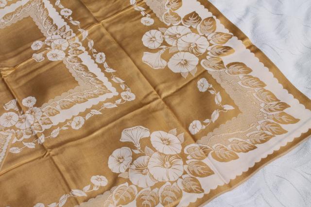 gold & white floral satin damask table linens, vintage tablecloth & napkins set