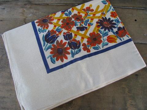 golden fall flowers, bright 40s-50s vintage print cotton tablecloth