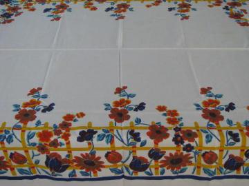 golden fall flowers, bright 40s-50s vintage print cotton tablecloth