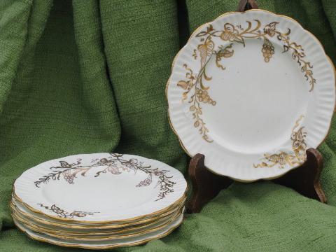 golden grapes fluted china plates, vintage white porcelain w/ gold