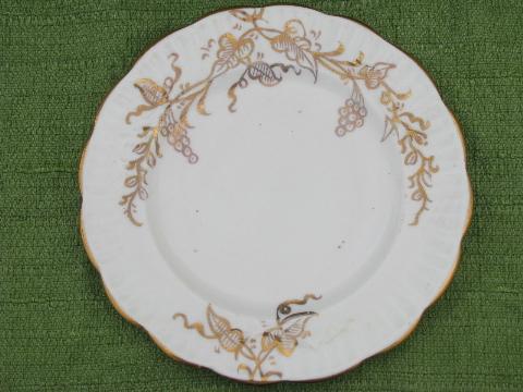 golden grapes fluted china plates, vintage white porcelain w/ gold