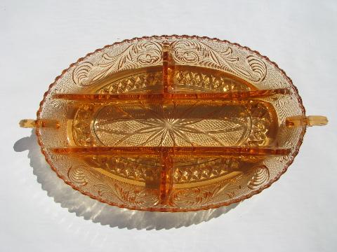 golden sunset old Westmoreland glass divided relish, princess feather pattern