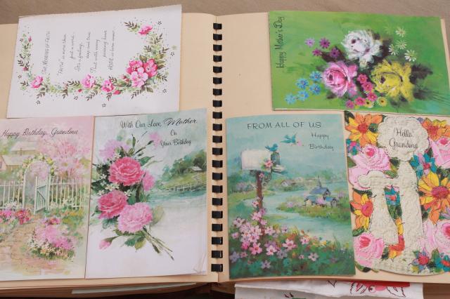 grandmother's scrapbook of vintage greeting cards, holiday cards, valentines