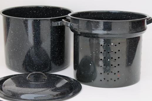 graniteware steamer basket stockpot, black & white spatterware enamelware