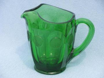 green Fostoria coin glass pattern quart pitcher, vintage green color