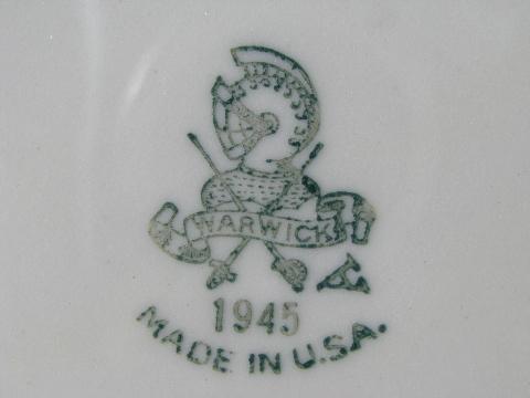 green band white ironstone restaurant ware, 1945 Warwick china plates