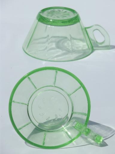 green depression glass tea cups, vintage US Glass pinwheel scroll pattern