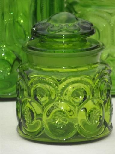 green glass Moon & Stars pattern kitchen canisters, vintage canister set