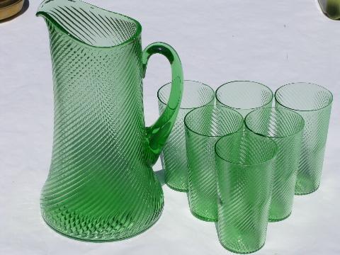 green glass lemonade / iced tea pitcher and glasses, vintage Mexico