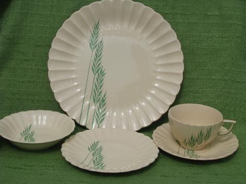 green grasses vintage china dishes for 6, old Leigh Ware pottery
