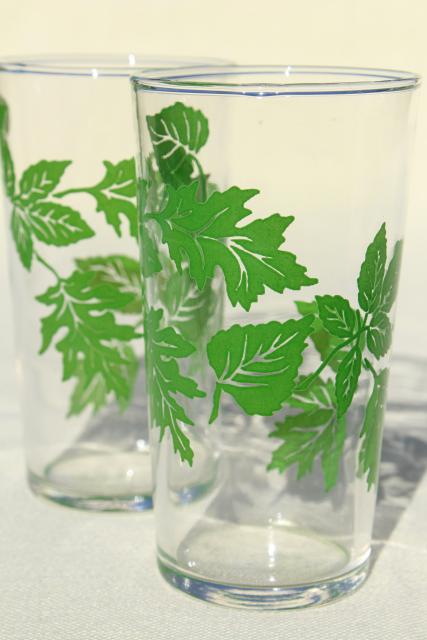 green leaves pattern vintage drinking glasses, vintage swanky swigs, 40s 50s kitchen glassware