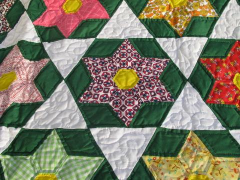 green / white star pattern patchwork quilt, hand-stitched, 1950s vintage cotton fabric