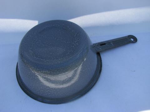 grey spatterware graniteware enamel pan, vintage camping enamelware